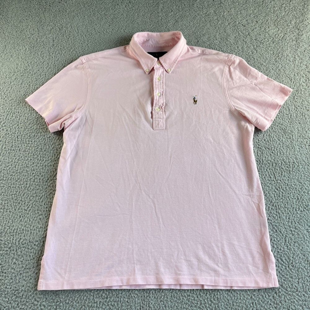 Ralph Lauren Polo Shirt Mens Large‎ Pink Knit Oxford Casual Preppy Button Down